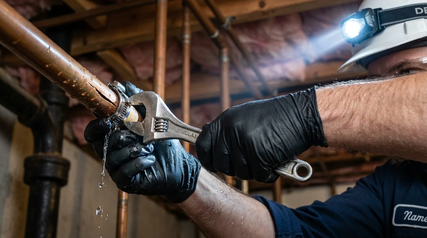 Emergency pipe clamp repair being performed by a Johns Plumbing LLC plumber in Safety Harbor