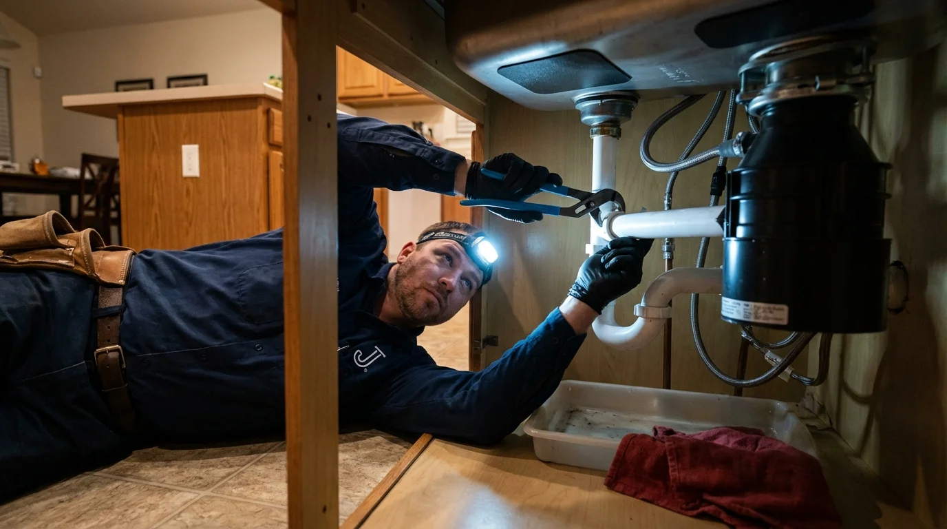 P-trap and supply line connections under a kitchen sink showing a common leak point in Safety Harbor, FL